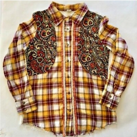 Gimmicks Vintage Western Yellow Plaid Back Chevron Lace button Down Shirt Size M - Picture 1 of 5